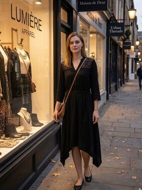 Solitaire Long Sleeve Handkerchief Hemline Black Dress